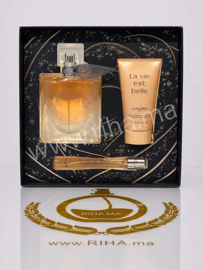 Coffret Lancôme La Vie Est Belle avec flacon 50ml sur fond rose