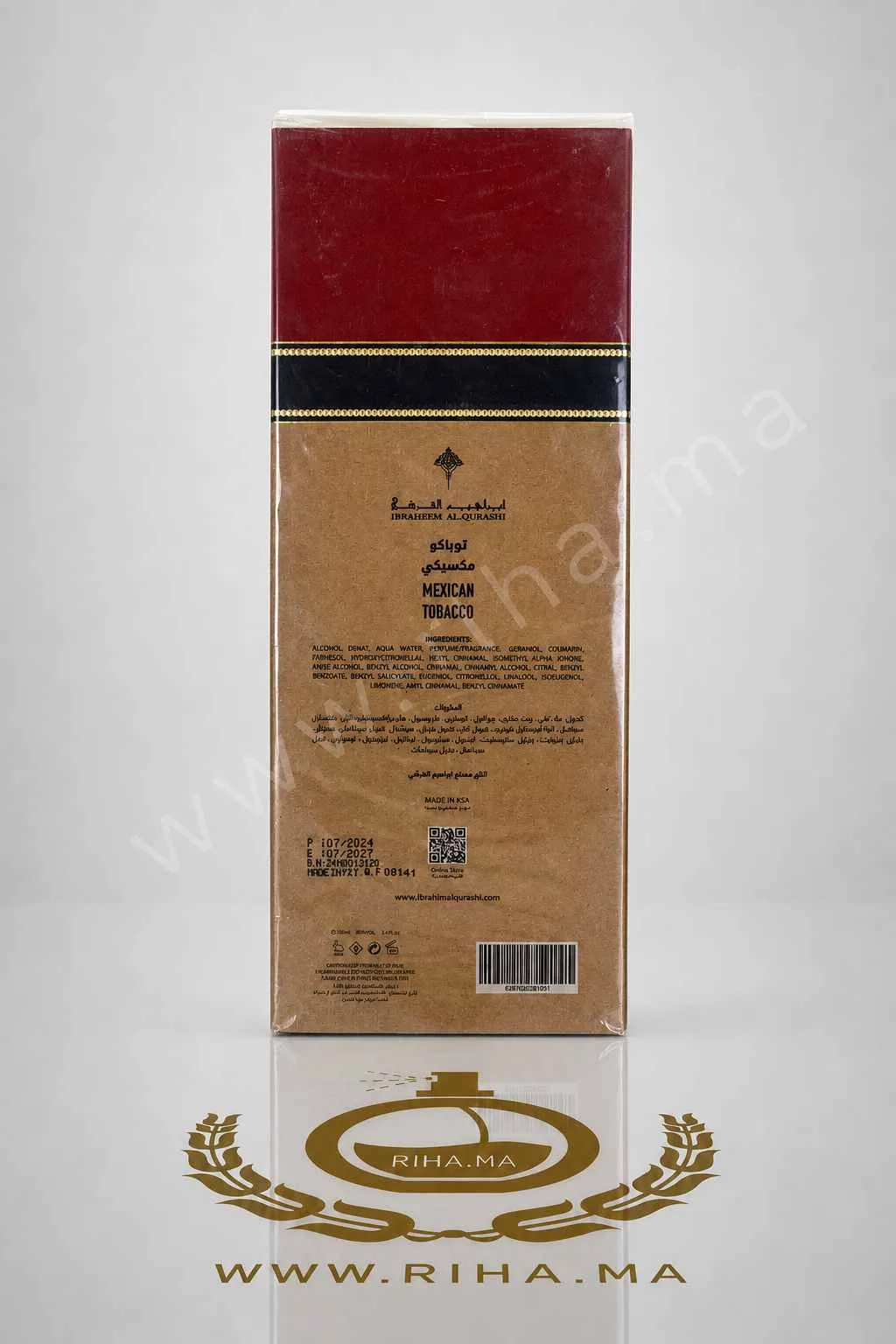 Mexican Tobacco Ibraheem AlQurashi Eau de Parfum 100ML — photo 2 Flacon de Mexican Tobacco Ibraheem AlQurashi sur fond sombre élégant — vue 2