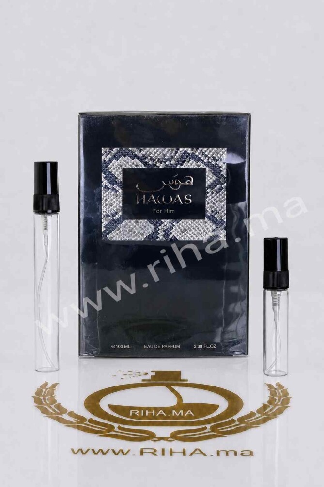 Decantage Hawas for Him Rasasi Eau de Parfum Pour Homme Authentic decantage hawas — Flacon de décantage hawas pour homme posé sur fond clair
