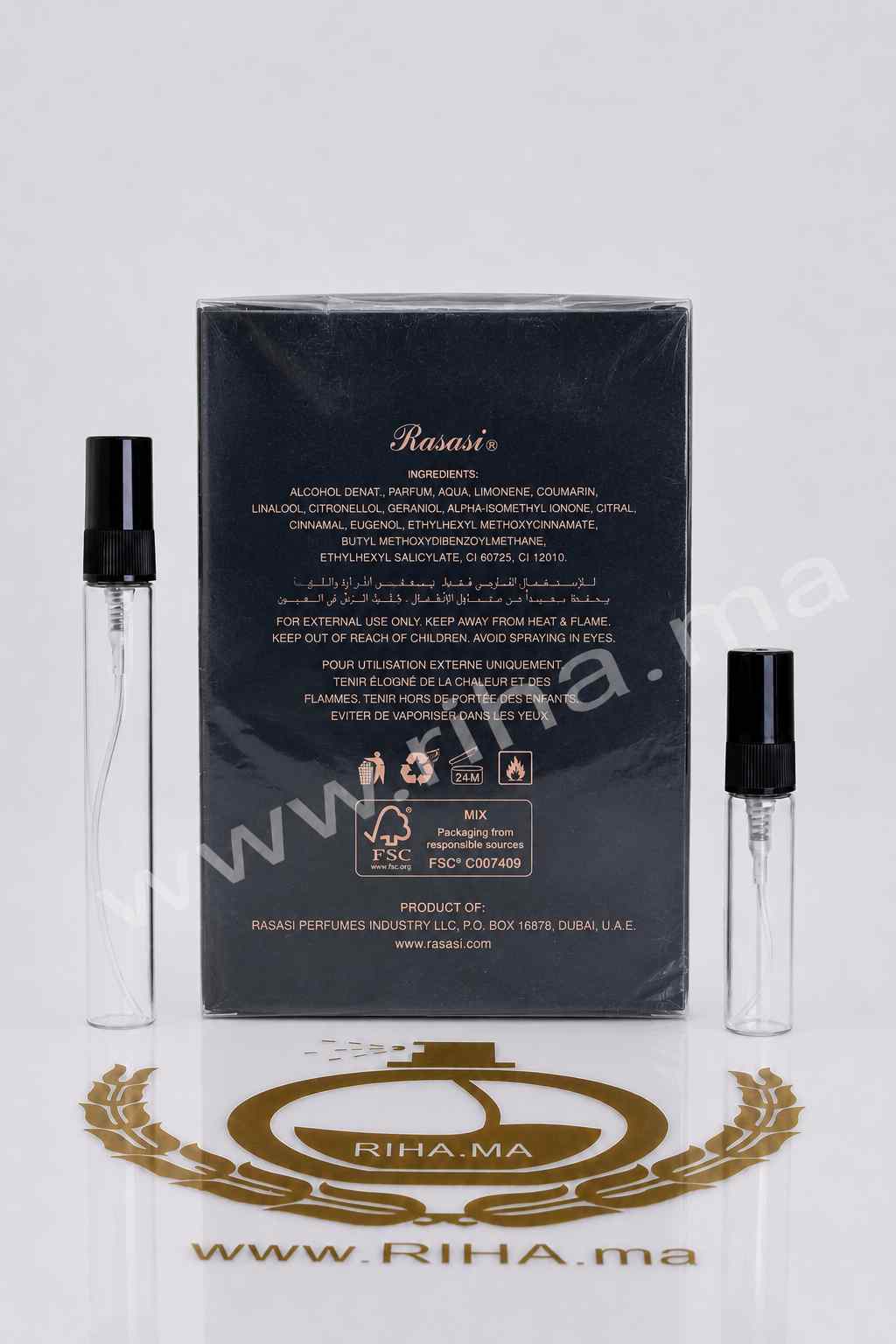 Decantage Hawas for Him Rasasi Eau de Parfum Pour Homme Authentic — photo 2 decantage hawas — Flacon de décantage hawas pour homme posé sur fond clair — vue 2