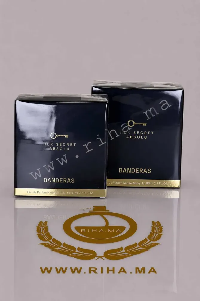 Flacon de parfum Her Secret Absolu Antonio Banderas sur fond blanc élégant