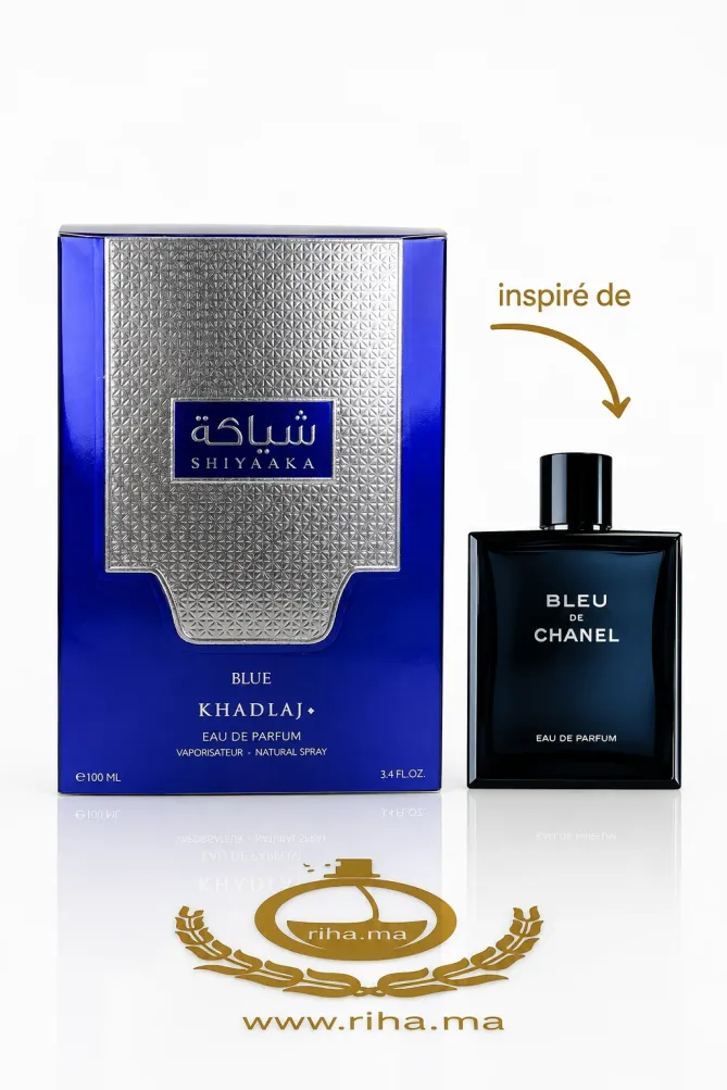 Shiyaaka Blue Khadlaj Perfumes Pour Homme 100ml Flacon de Shiyaaka Blue Khadlaj Perfumes sur fond bleu