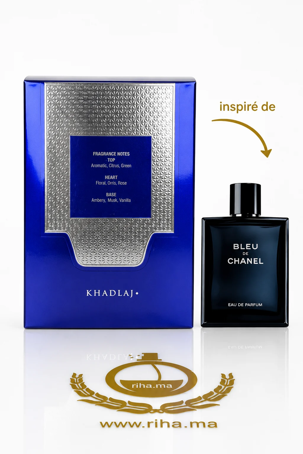 Shiyaaka Blue Khadlaj Perfumes Pour Homme 100ml — photo 2 Flacon de Shiyaaka Blue Khadlaj Perfumes sur fond bleu — vue 2