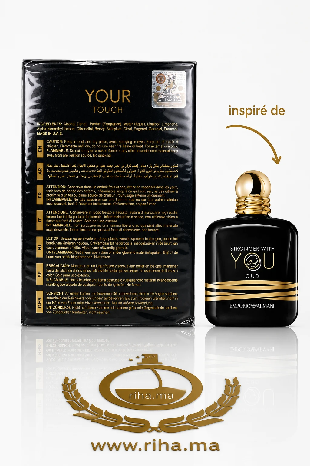 Your Touch Oud Maison Alhambra pour homme et femme — photo 2 Flacon de parfum your touch oud maison alhambra sur fond sombre élégant — vue 2