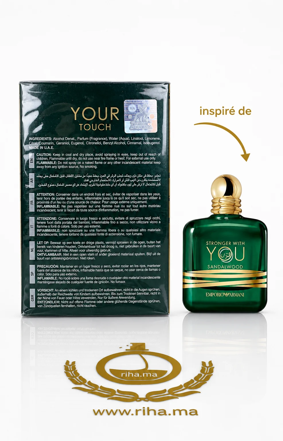 Your Touche Santal Eau De Parfum De Maison Alhambra 100ml — photo 2 Flacon de parfum Your Touche Santal sur fond boisé élégant — vue 2