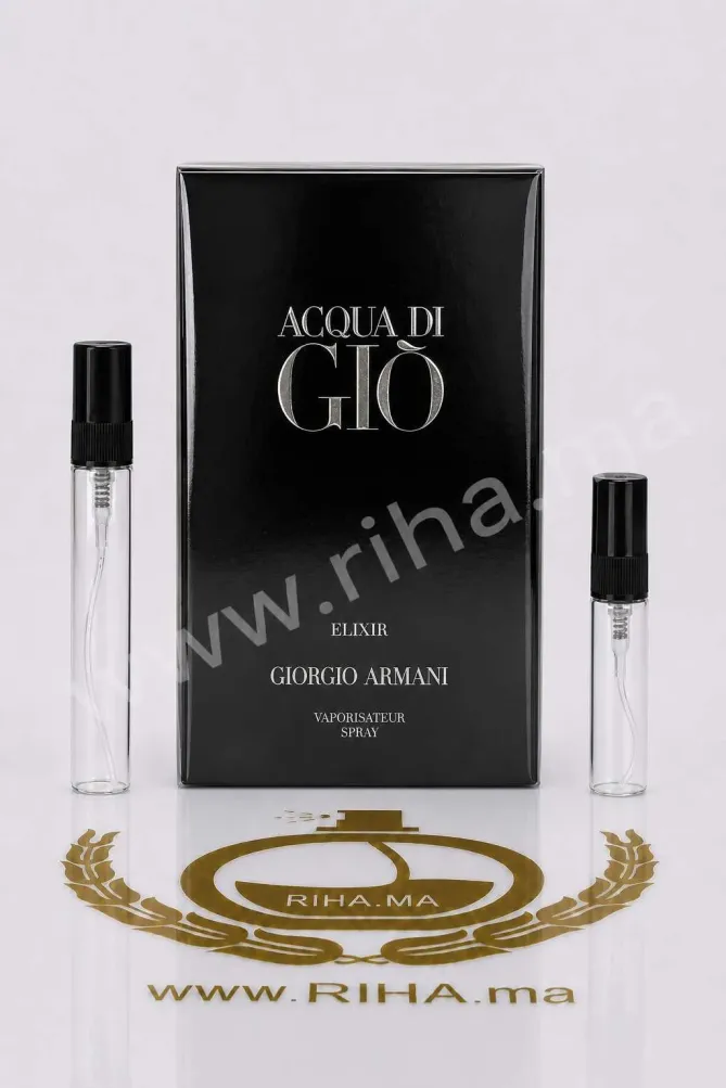 Decantage Acqua di Giò Elixir Giorgio Armani Pour Homme Authentic decantage acqua di gio elixir giorgio armani — Flacon décantage Acqua di Giò Elixir Giorgio Armani posé sur fond bleu