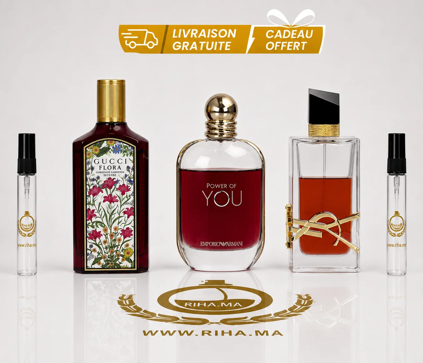 Pack Decantage Femme – Gucci Flora Intense, Power of You, Libre Berry Crush YSL Pack decantage femme avec trois flacons de parfum sur fond élégant