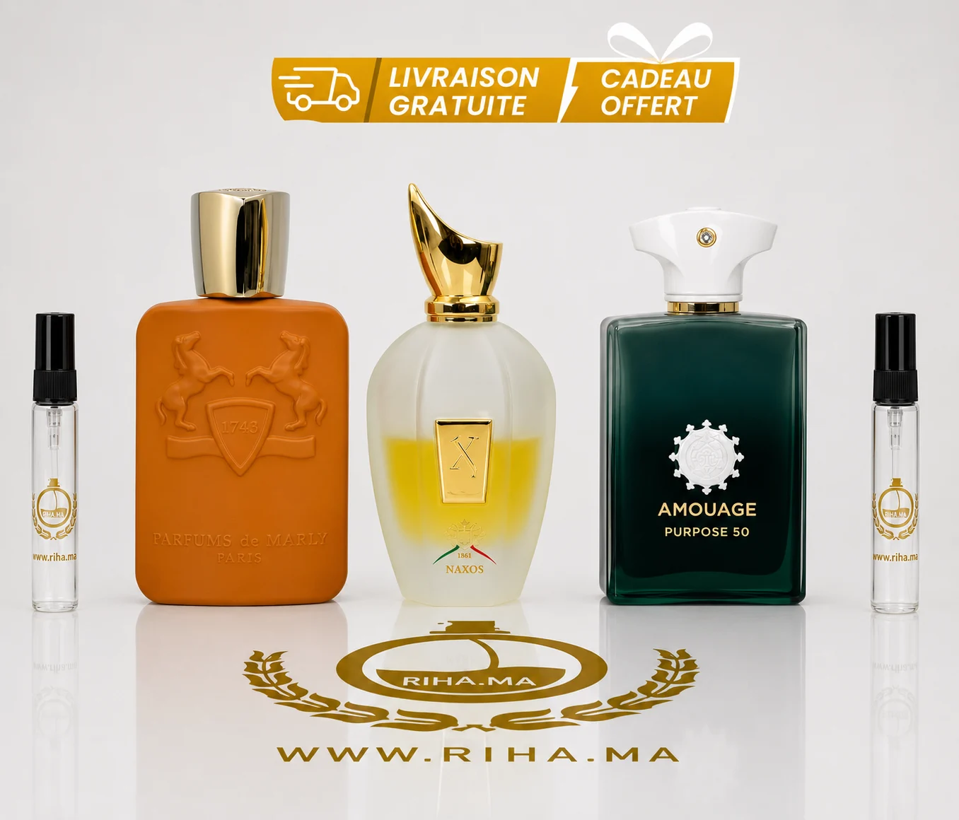Flacon de pack decantage parfum niche homme posé sur fond sombre