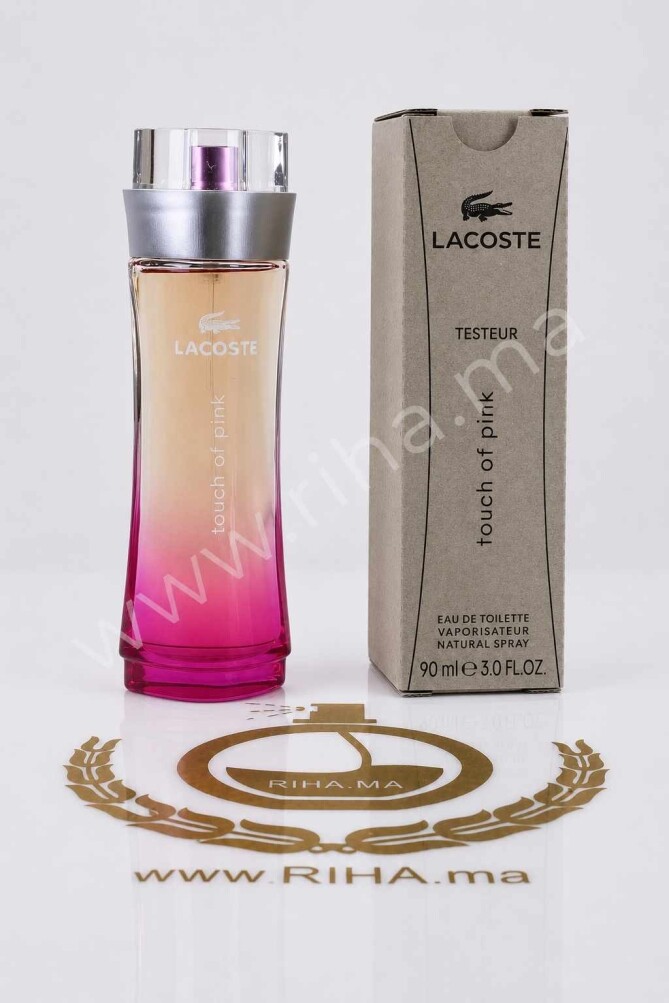 Tester Lacoste Touch of Pink eau de toilette 90ml tester lacoste touch of pink — Flacon testeur de parfum Lacoste Touch of Pink sur fond rose