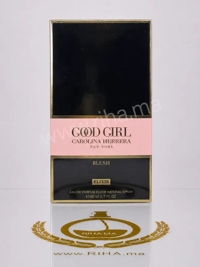 Flacon de parfum carolina herrera good girl blush elixir sur fond rose