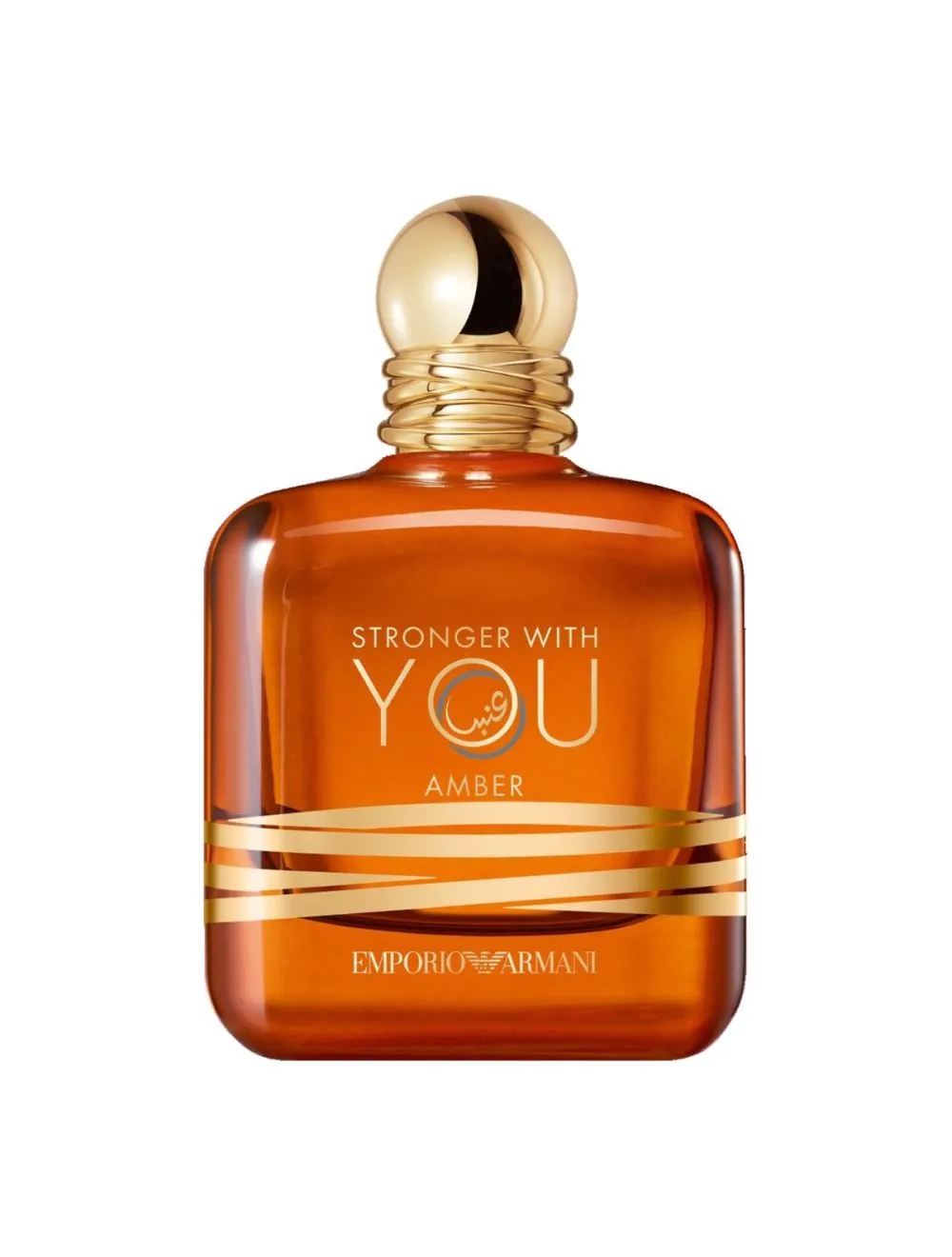 Stronger With You Amber Eau de Parfum Emporio Armani Giorgio Armani — photo 3 Flacon de Stronger With You Amber Giorgio Armani posé sur fond doré — vue 3