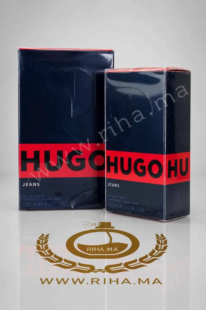 HUGO BOSS - HUGO JEANS EAU DE TOILETTE Flacon de parfum hugo jeans Hugo Boss sur fond bleu