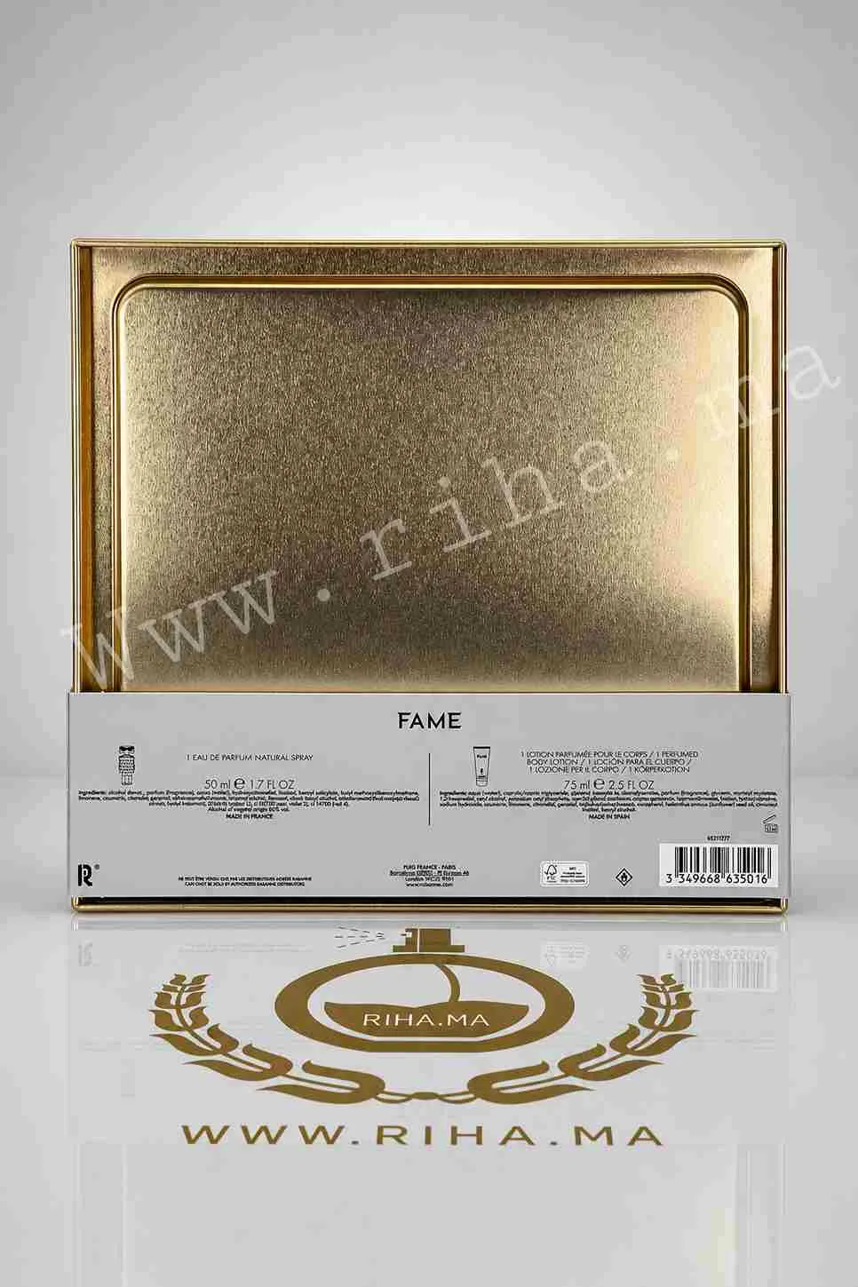 Coffret Fame Paco Rabanne eau de parfum pour femme — photo 3 Coffret Fame Paco Rabanne eau de parfum pour femme sur fond doré — vue 3