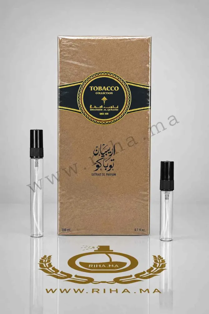 Decantage Arabian Tobacco Ibraheem AlQurashi Eau de Parfum decantage arabian tobacco ibraheem alqurashi — Flacon de décantage Arabian Tobacco Ibraheem AlQurashi sur fond sombre