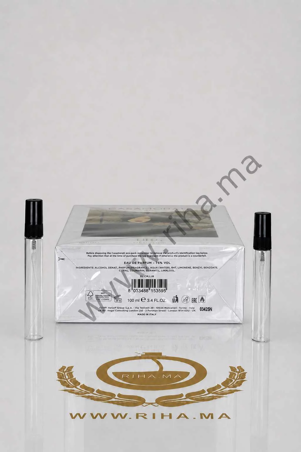 Decantage Lira Eau De Parfum Xerjoff pour femme — photo 3 decantage lira — Flacon décantage Lira Xerjoff EDP posé sur fond blanc — vue 3