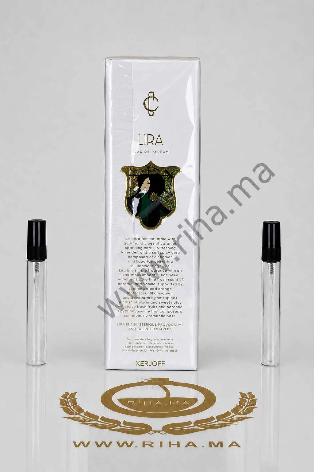 Decantage Lira Eau De Parfum Xerjoff pour femme — photo 2 decantage lira — Flacon décantage Lira Xerjoff EDP posé sur fond blanc — vue 2
