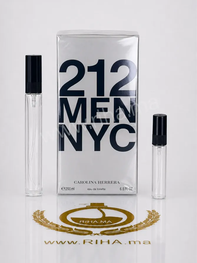 Decantage 212 Men Carolina Herrera Eau De Parfum pour homme decantage — Décantage 212 Men Carolina Herrera EDP flacon posé sur fond noir