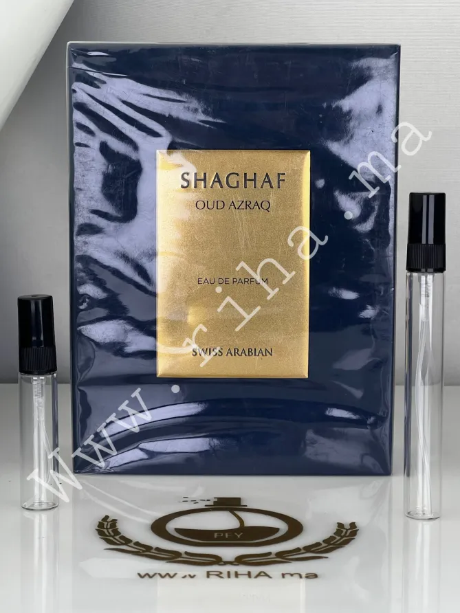 Decantage Shaghaf Oud Azraq Swiss Arabian Eau De Parfum decantage shaghaf oud azraq swiss arabian — Flacon de décantage Shaghaf Oud Azraq Swiss Arabian sur fond sombre