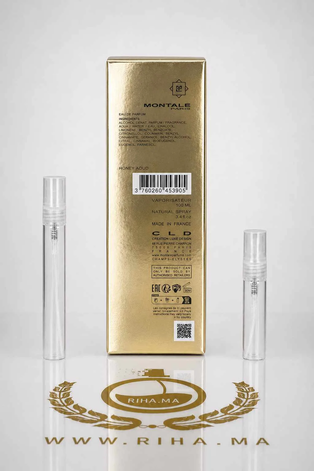 Decantage Honey Aoud Montale Eau De Parfum Pour Homme et Femme Authentic — photo 2 decantage honey aoud montale — Flacon de décantage Honey Aoud Montale posé sur fond sombre élégant — vue 2