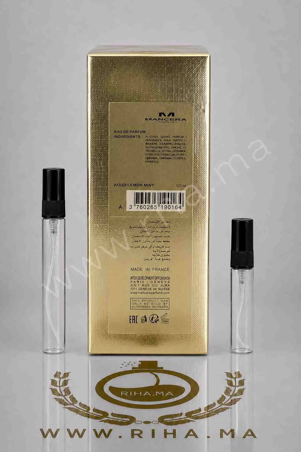 Decantage Aoud Lemon Mint Mancera Eau de Parfum — photo 2 decantage aoud lemon mint mancera — Flacon de décantage Aoud Lemon Mint Mancera posé sur fond noir — vue 2