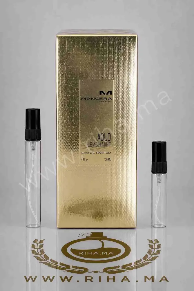 Decantage Aoud Lemon Mint Mancera Eau de Parfum decantage aoud lemon mint mancera — Flacon de décantage Aoud Lemon Mint Mancera posé sur fond noir
