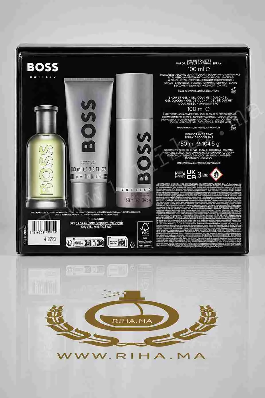 Coffret Boss Bottled Hugo Eau De Toillet Boss Pour Homme — photo 3 Coffret Boss Bottled Hugo Boss pour homme sur fond élégant — vue 3