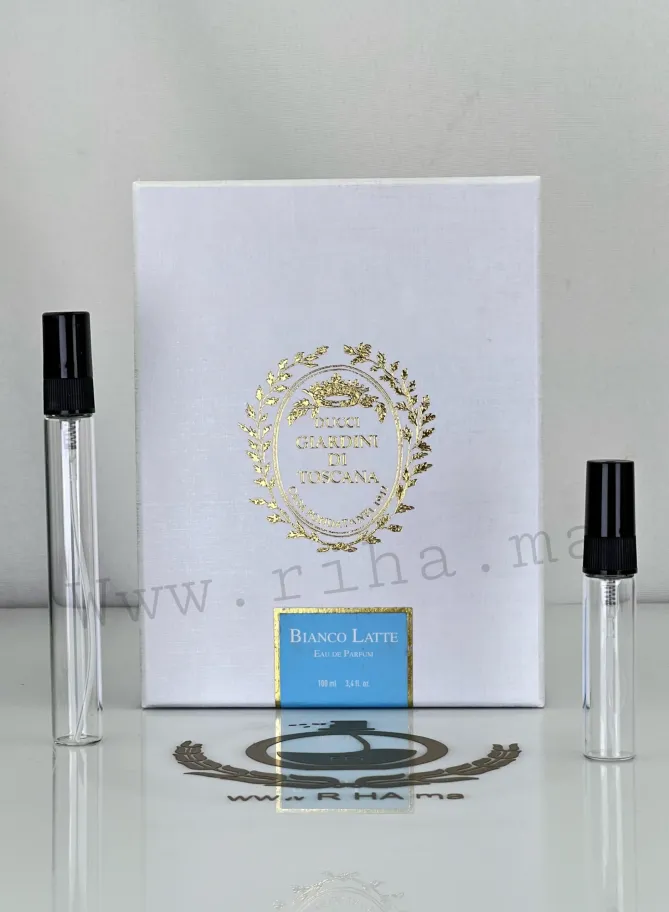 Decantage Bianco Latte Giardini Di Toscana Eau de Parfum Authentic decantage bianco latte giardini di toscana — Flacon de décantage Bianco Latte Giardini Di Toscana posé sur fond crème