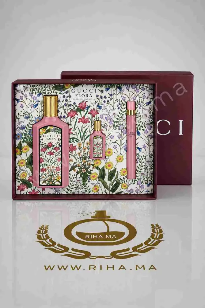 coffret flora gorgeous — Coffret cadeau Gucci Flora Gorgeous Magnolia posé sur fond blanc élégant