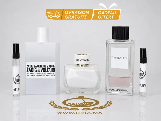 Pack Decantage Promo Pour Femme – L’Impératrice D&G + Montblanc Signature + Zadig & Voltaire This Is Her 5ml 10ml pack decantage — Pack décantage femme avec trois flacons de parfum sur fond blanc