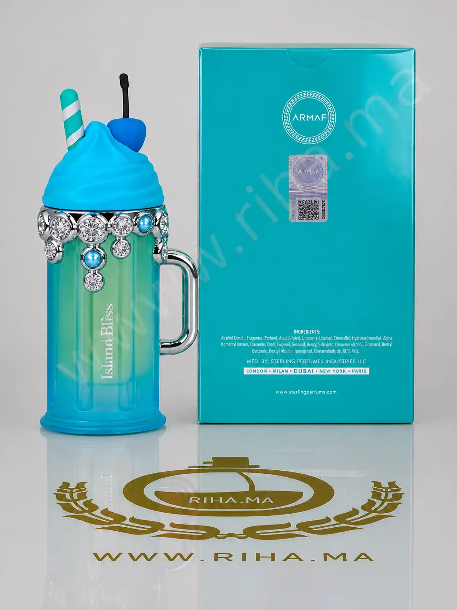 Island Bliss Armaf Eau de Parfum 100ml — photo 3 Flacon de parfum Island Bliss Armaf sur fond pastel — vue 3