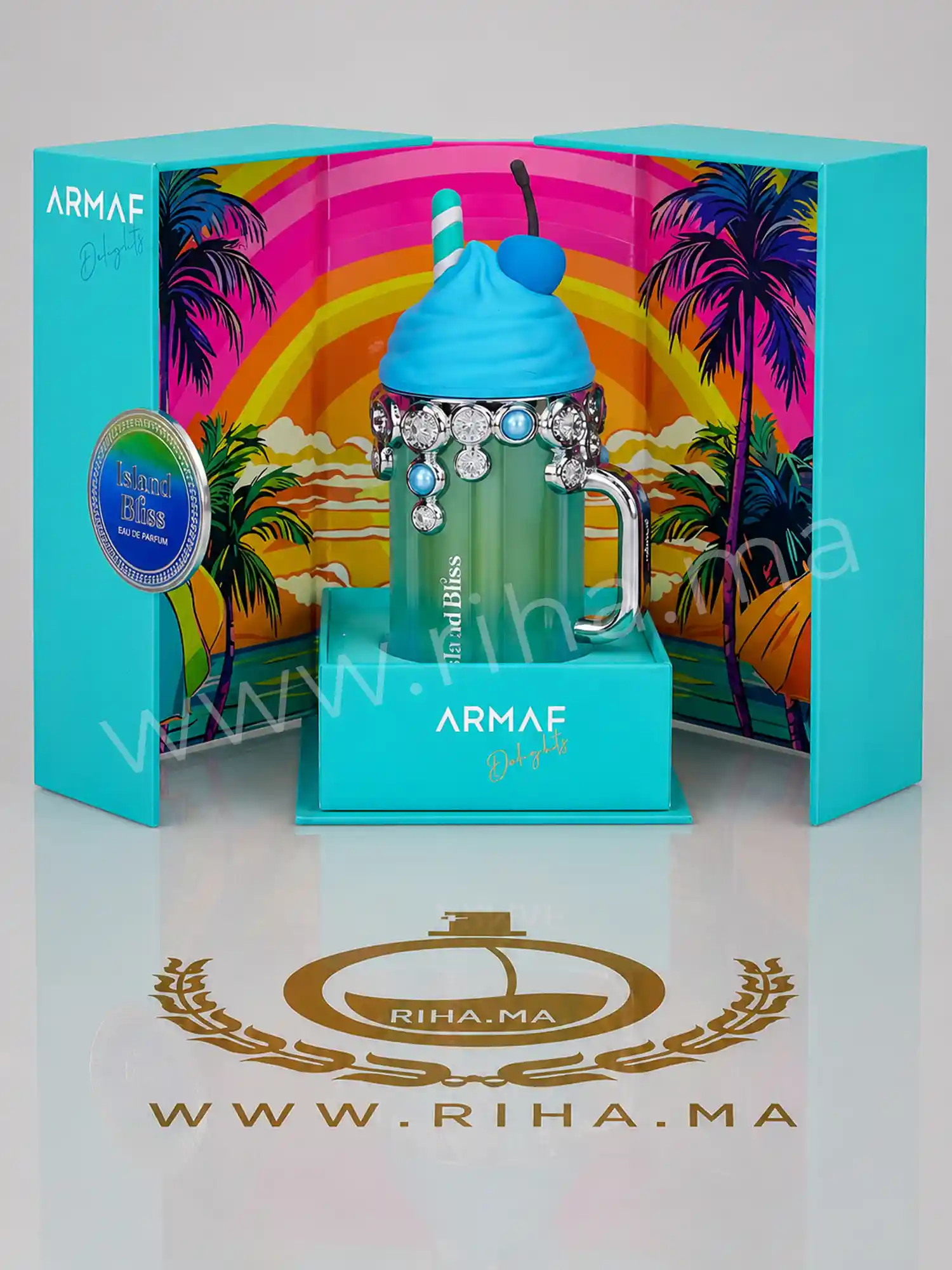Island Bliss Armaf Eau de Parfum 100ml — photo 2 Flacon de parfum Island Bliss Armaf sur fond pastel — vue 2