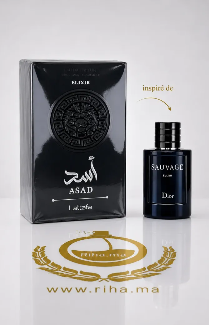 Flacon de parfum Asad Lattafa posé sur fond sombre élégant