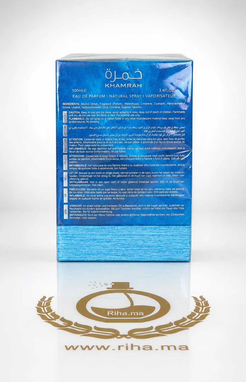 Khamrah Waha – Eau de Parfum Unisexe 100ml — photo 2 Flacon de parfum Khamrah Waha sur fond doré élégant — vue 2