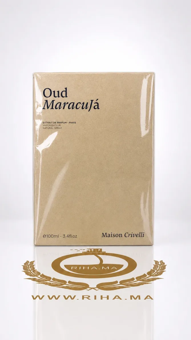 Oud Maracuja Maison Crivelli Extrait de Parfum 100ml Flacon d'extrait de parfum oud maracuja maison sur fond sombre élégant