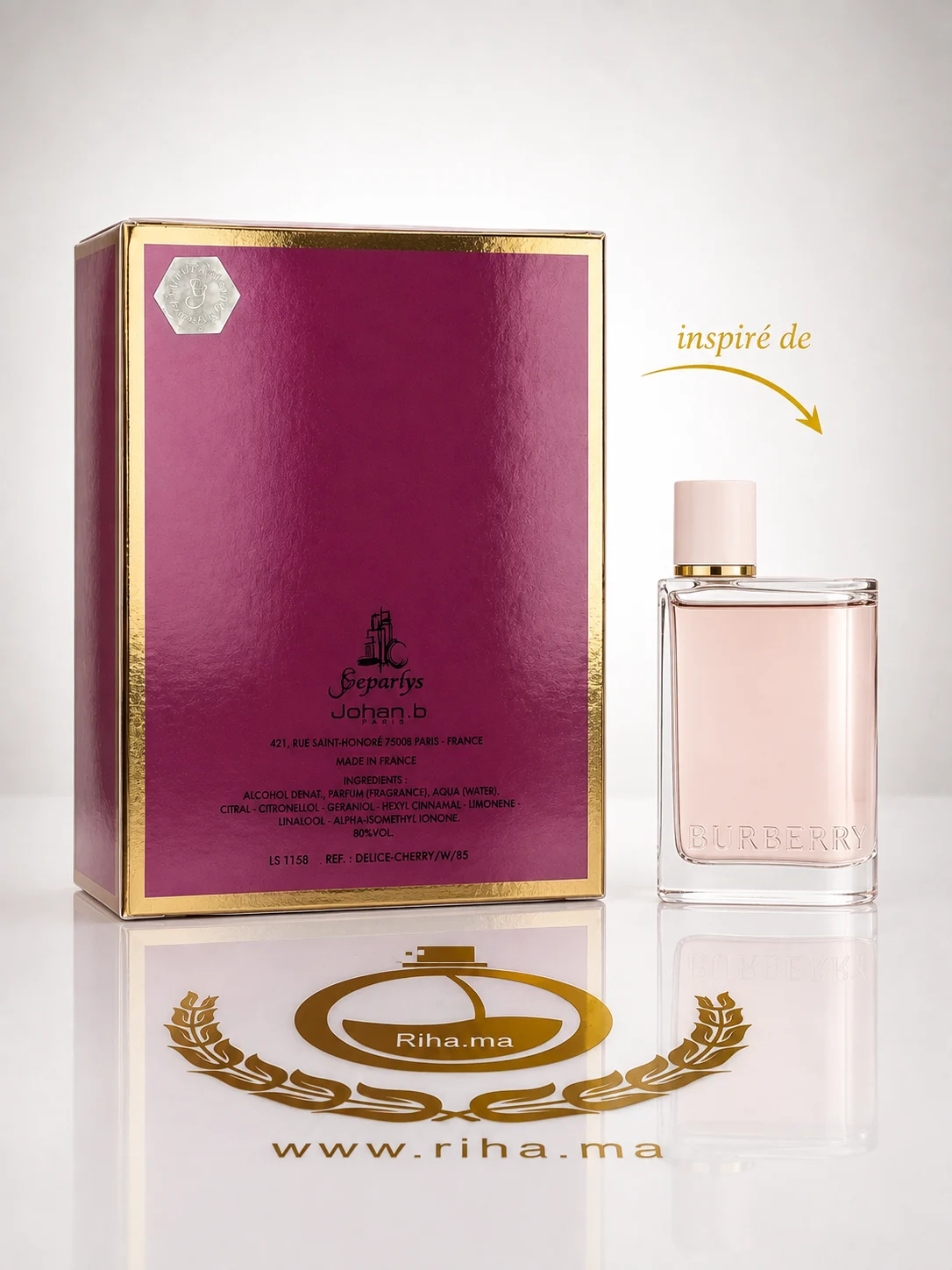 Cherry Delice Johan B Eau De Parfum pour femme inspiré de Burberry Her — photo 2 Flacon de parfum Cherry Delice Johan B posé sur fond rose délicat — vue 2