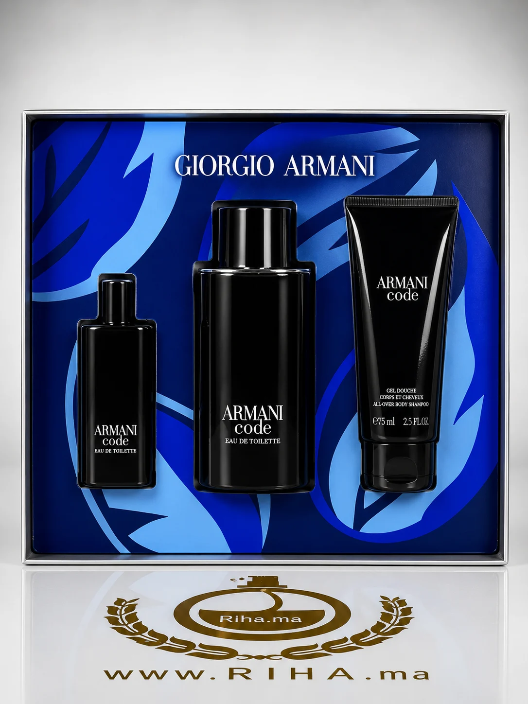 Coffret Armani Code Eau de Toilette Giorgio Armani 125ml Pour Homme Authentic — photo 2 Coffret Armani Code Eau de Toilette 125ml posé sur fond élégant — vue 2