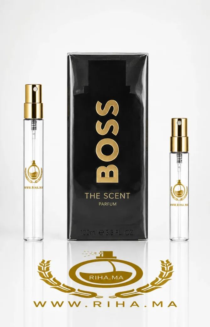 Decantage Boss The Scent For Him Magnetic Hugo Boss Le Parfum Pour Homme Authentic decantage boss the scent — Flacon de décantage Boss The Scent Magnetic posé sur fond noir