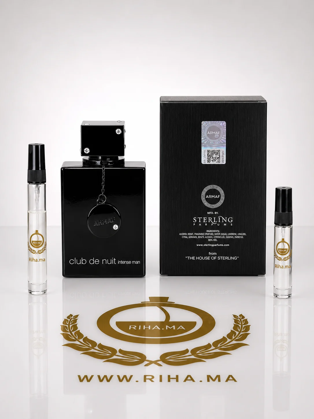 Decantage Club de Nuit Intense Man Armaf Made in Dubai — photo 2 decantage club de nuit intense man armaf — Flacon de décantage club de nuit intense man armaf sur fond sombre — vue 2