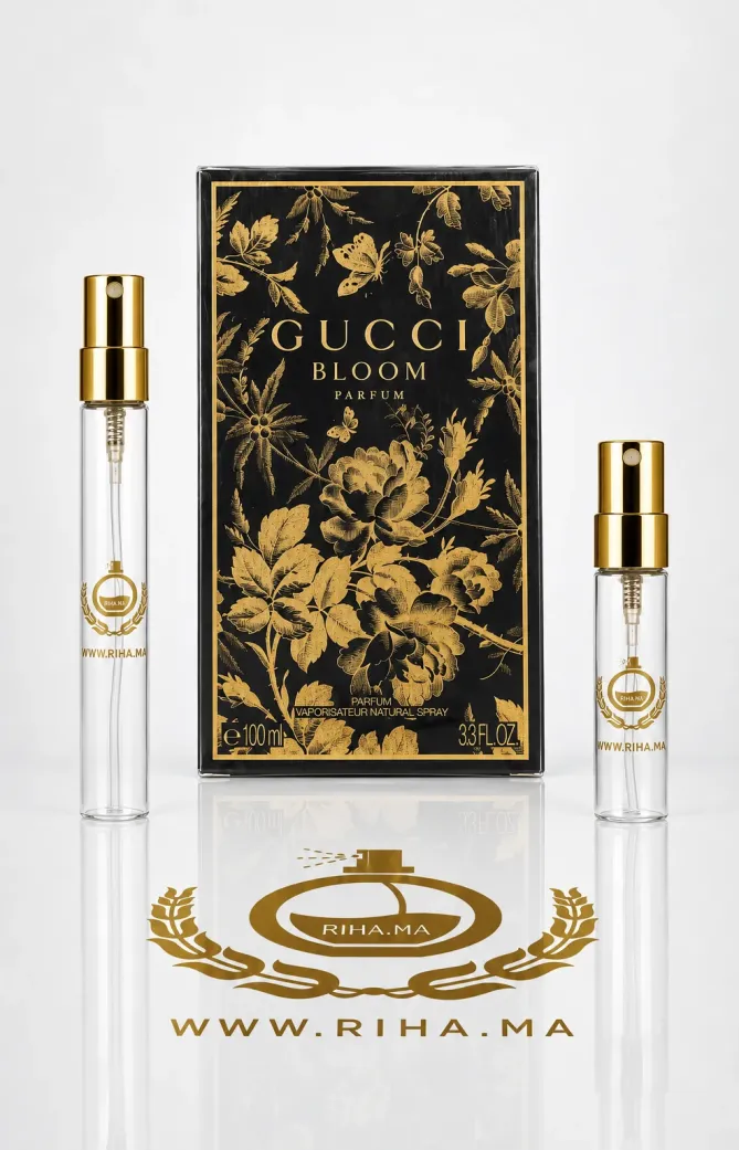 Decantage Gucci Bloom Parfum Gucci Pour Femme Authentic decantage gucci bloom — Flacon de décantage Gucci Bloom posé sur fond floral élégant