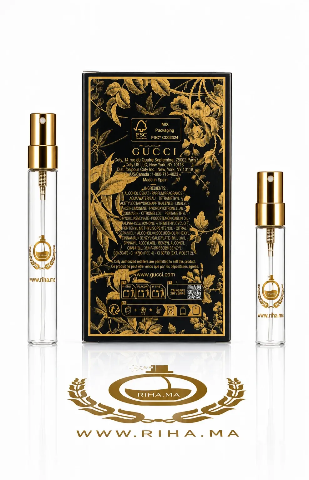 Decantage Gucci Bloom Parfum Gucci Pour Femme Authentic — photo 2 decantage gucci bloom — Flacon de décantage Gucci Bloom posé sur fond floral élégant — vue 2