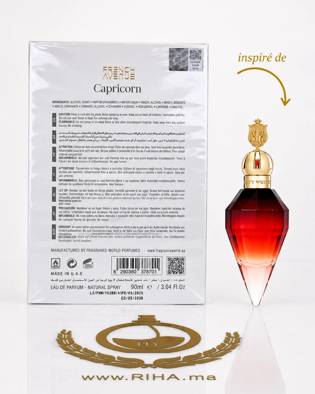 French Avenue Genesis Capricorn Eau de Parfum 90ml — photo 2 Flacon de French Avenue Genesis Capricorn parfum oriental sur fond sombre — vue 2
