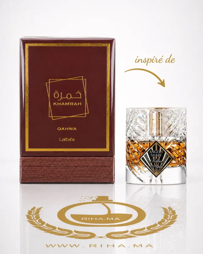 Khamrah Qahwa Lattafa Perfumes eau de toilette pour homme et femme 100ml Flacon de parfum Khamrah Qahwa Lattafa posé sur fond doré