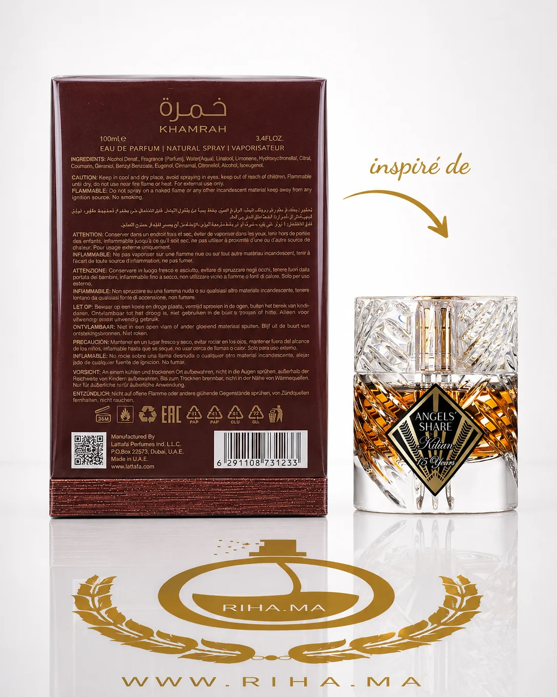 Khamrah Qahwa Lattafa Perfumes eau de toilette pour homme et femme 100ml — photo 2 Flacon de parfum Khamrah Qahwa Lattafa posé sur fond doré — vue 2