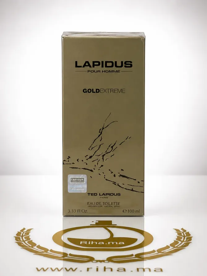 Lapidus Pour Homme Gold Extreme Ted Lapidus eau de toilette 100ml Flacon de Lapidus Pour Homme Gold Extreme posé sur fond sombre