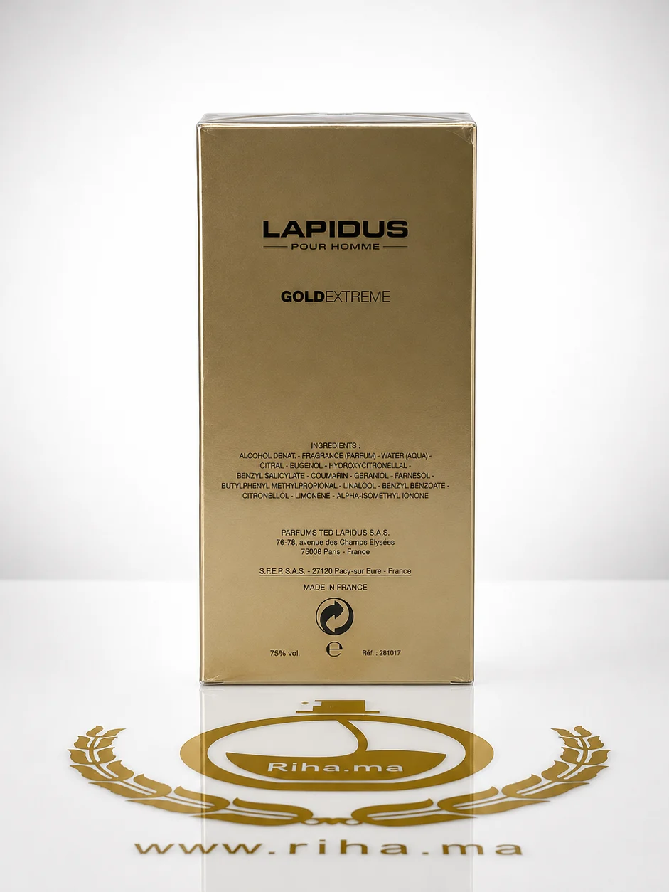 Lapidus Pour Homme Gold Extreme Ted Lapidus eau de toilette 100ml — photo 2 Flacon de Lapidus Pour Homme Gold Extreme posé sur fond sombre — vue 2
