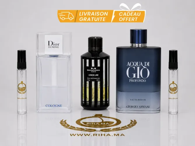 Pack decantage parfum homme Dior Mancera Armani sur fond clair