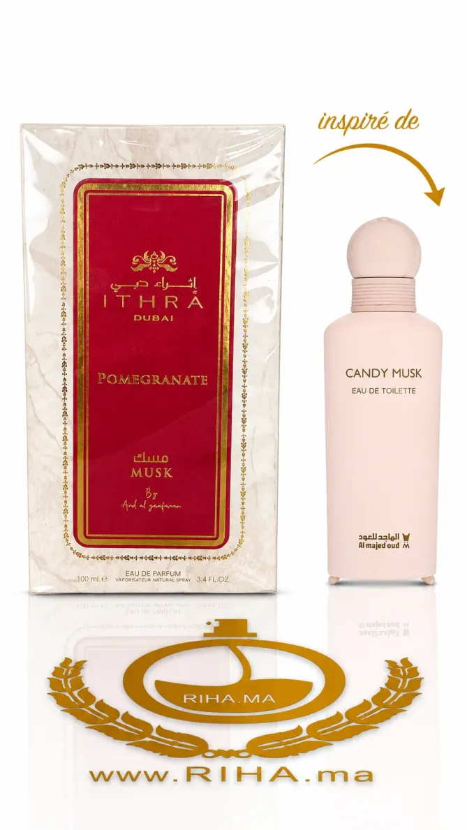 Pomegranate Ithra Eau Dubaï Eau De Parfum Musk 100 ml Flacon de parfum pomegranate ithra sur fond élégant