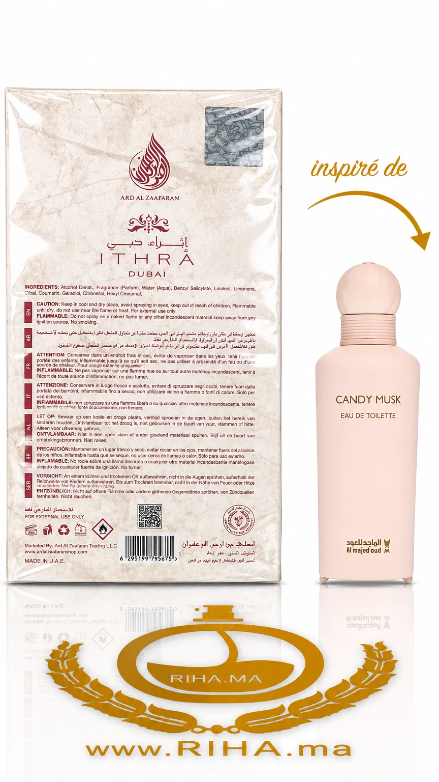 Pomegranate Ithra Eau Dubaï Eau De Parfum Musk 100 ml — photo 2 Flacon de parfum pomegranate ithra sur fond élégant — vue 2