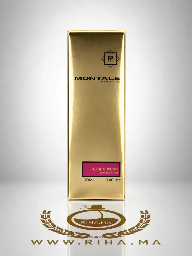 Flacon de parfum Roses Musk Montale sur fond rose élégant