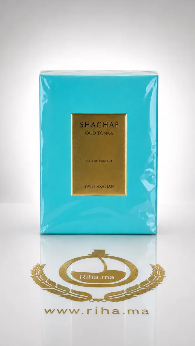 Flacon de Shaghaf Oud Tonka Swiss Arabian sur fond doré